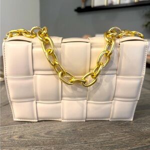 Cream Crossbody Bag with Gold Chain and Quilted Texture